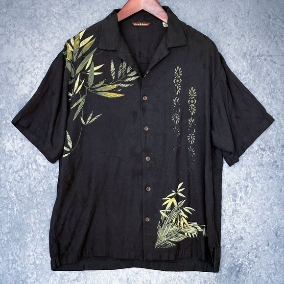 Tommy Bahama Silk Bamboo-Leaf-Design Short Sleeve Shirt, Size L - Picture 1 of 4